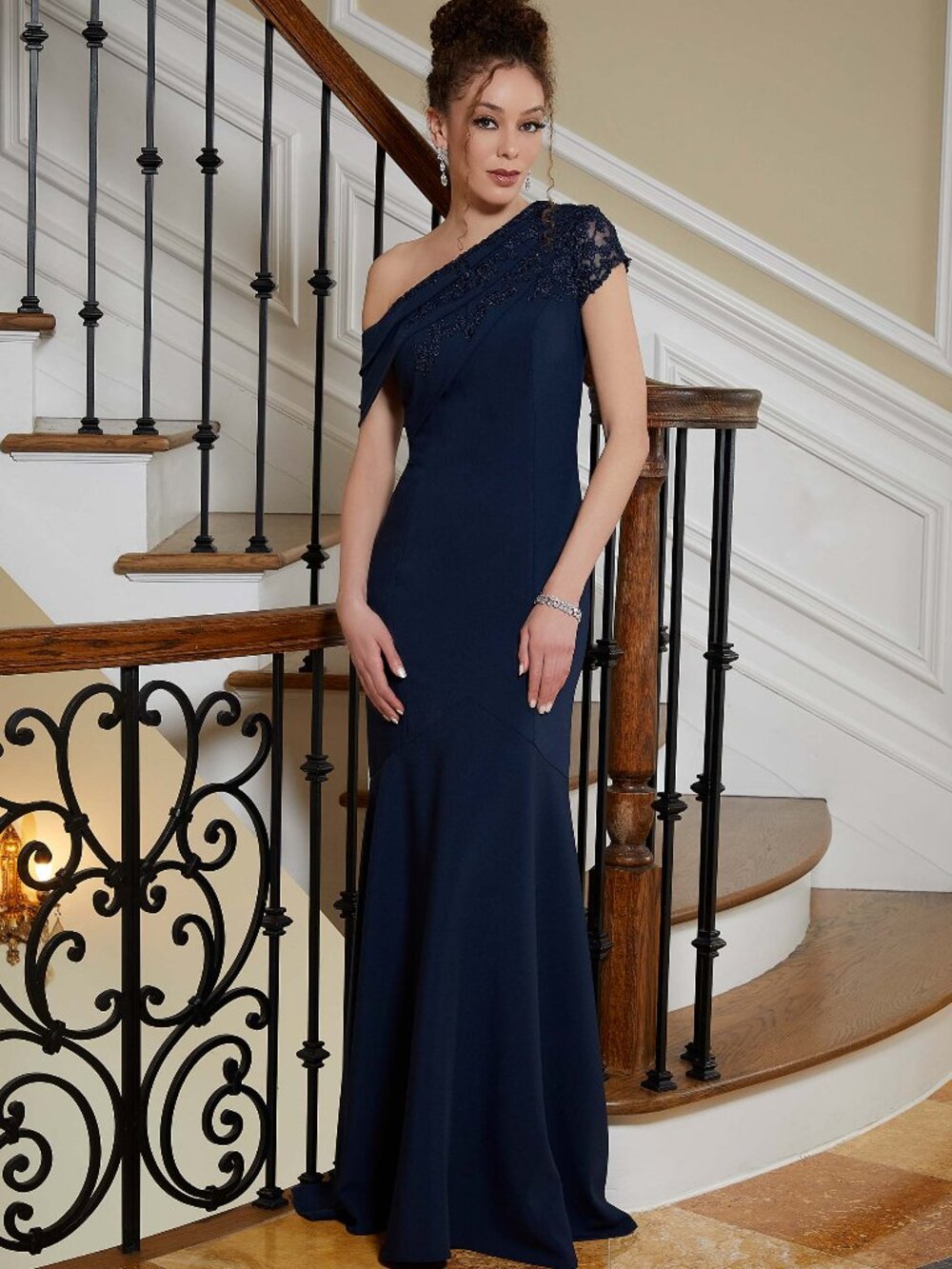 Formal Navy Mother of the Bride Dress One Shoulder With Beading MGNY 72832
